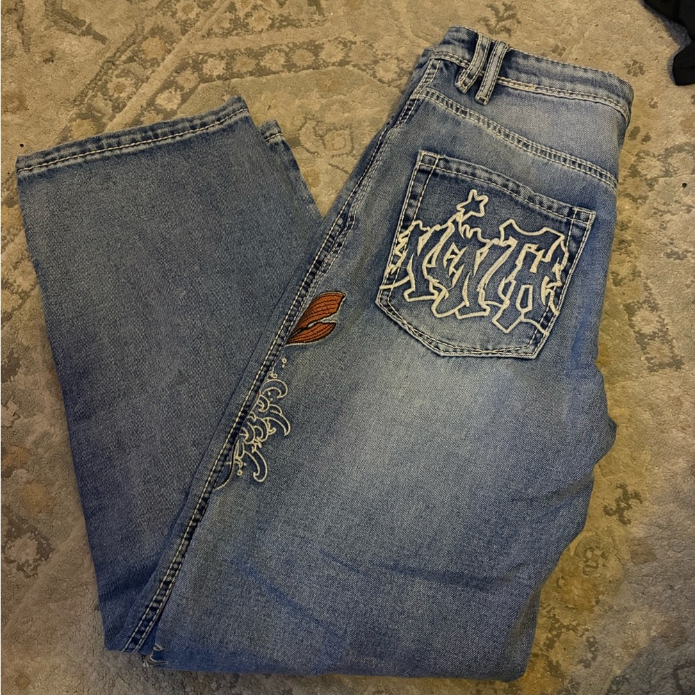 Straight Leg Women's Light Blue Embroidered Jeans